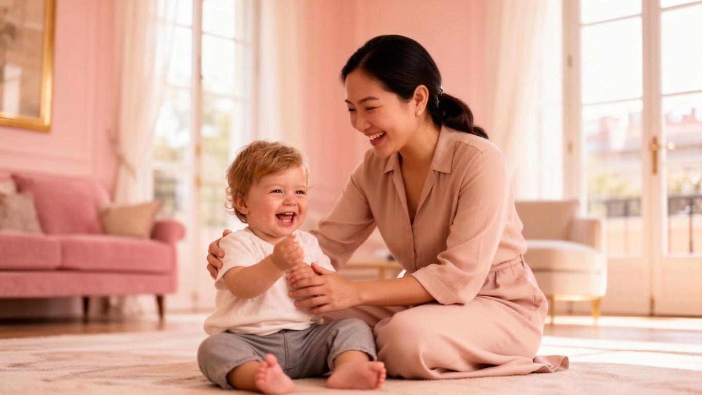 Nanny cuidando con cariño a un niño en un hogar de Madrid