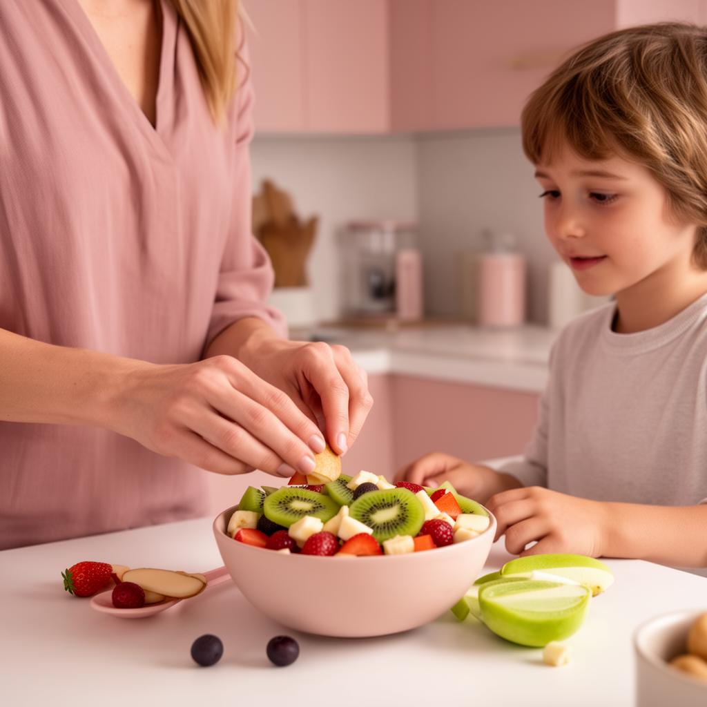 Nanny preparando una merienda saludable con un niño